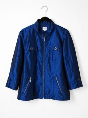 Chico's Blue Shimmer Jacket Size 2 Large Metallic Zip Evening Blazer Jacket